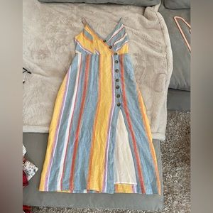 Linen midi dress summer stripped lined .